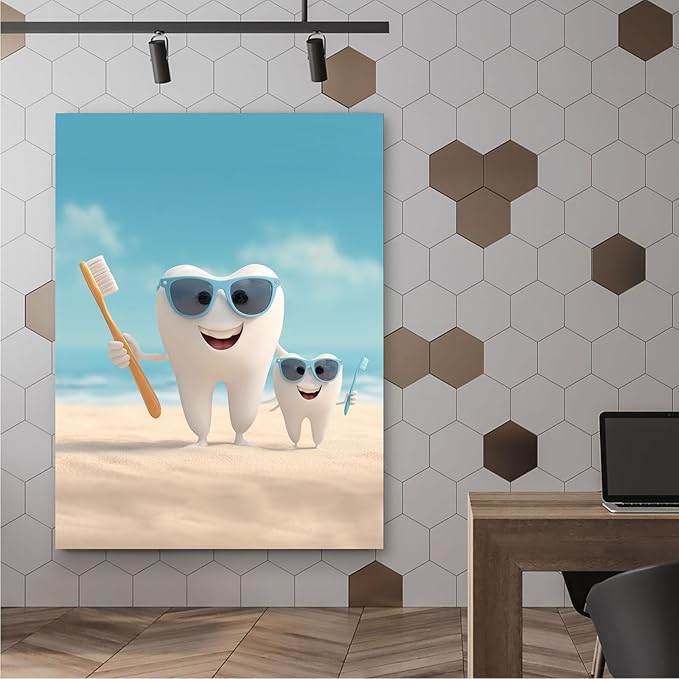 SchindlerBang Seasonal Smile Decor,Happy Tooth Beach Scene,Fun Gift for Dental Graduations,Summer Parties,and Coastal Homes 16x20inch Ready to Hang