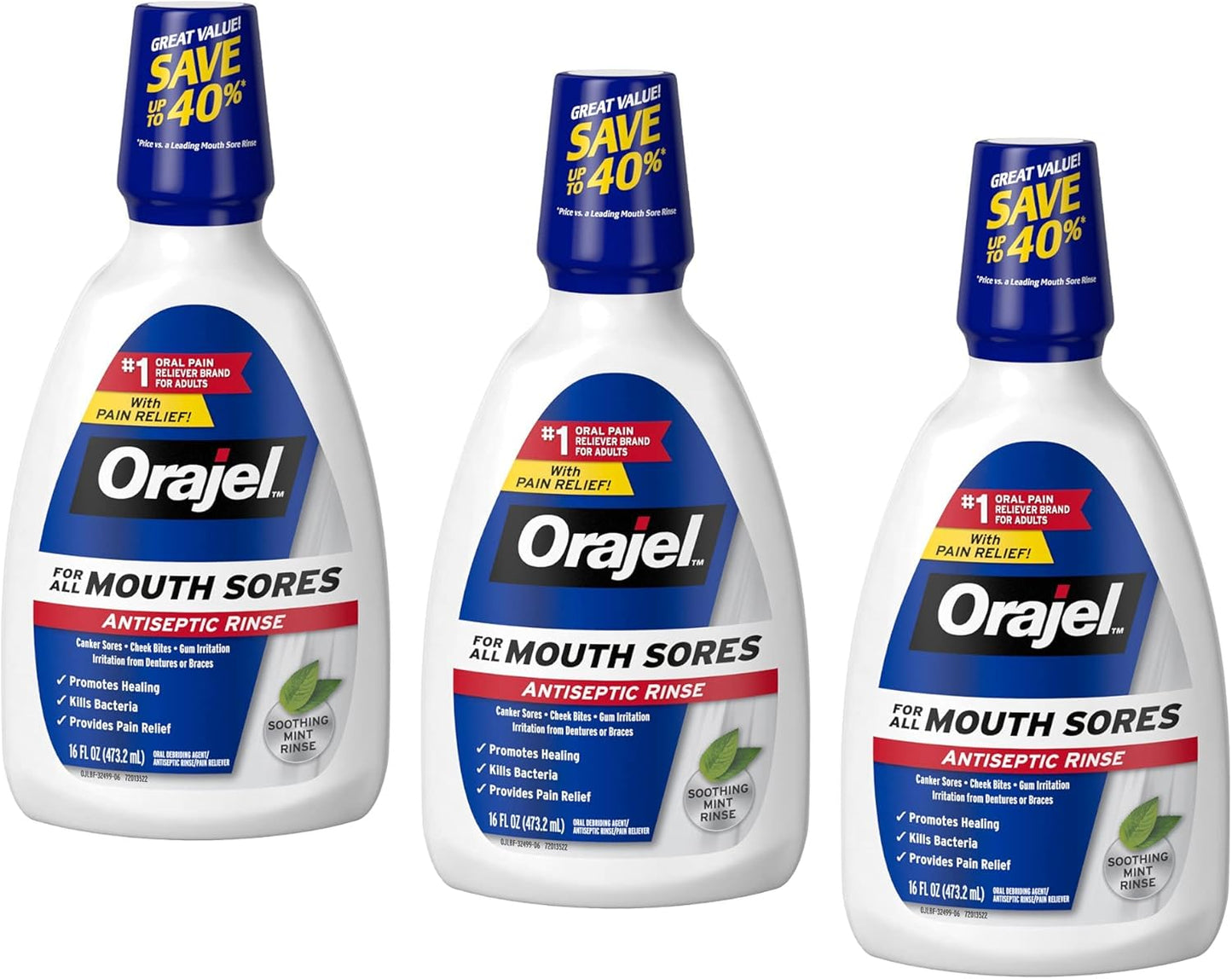 Orajel Nonseptic Mouth Sore Rinse 16oz, Soothing Mint Flavor, Provides Pain Relief, Promotes Healing, 3-Pack