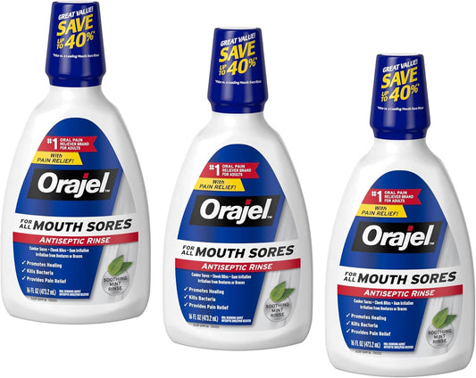 Orajel Nonseptic Mouth Sore Rinse 16oz, Soothing Mint Flavor, Provides Pain Relief, Promotes Healing, 3-Pack