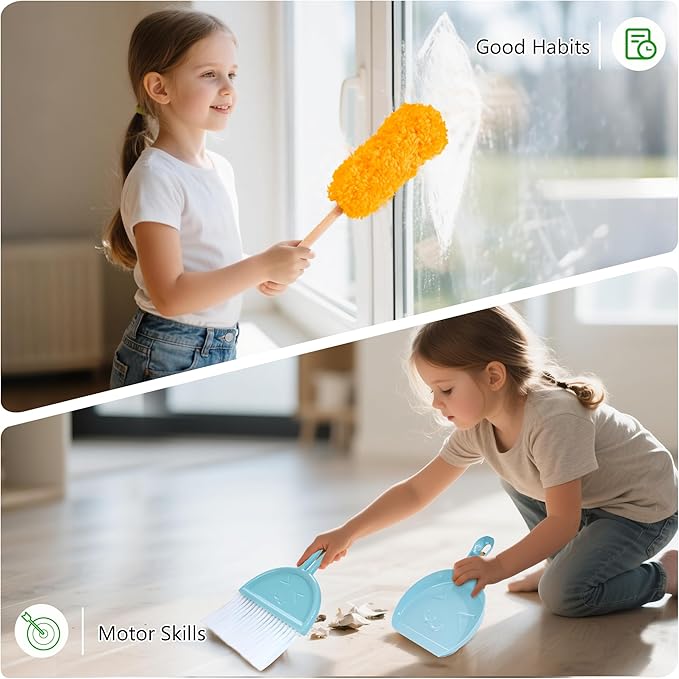 Wooden Kids Cleaning Set with Spray Mop, Montessori Cleaning Toys Real Water Sprayer and Toddler Broom Mop Set, Housework Pretend Play Toy Gift for Boys Girls Ages 3+