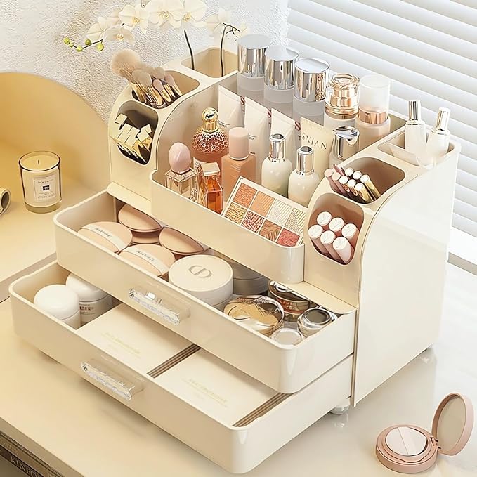 Makeup Organizer with Drawers for Vanity,Bathroom Countertop Organizer with Brushes Holder,Skincare Storage Organizer,Perfect Cosmetic Display Case for Your Beauty Essential (All Cream)