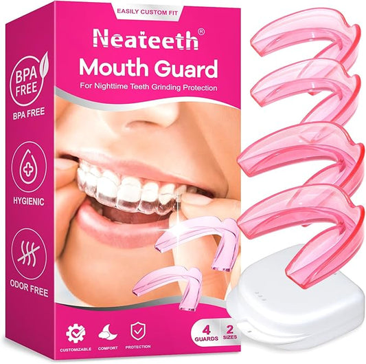 Mouth Guard for Grinding Teeth at Night, Moldable Mouthguard for Women, Upgraded Night Guards for Clenching Teeth, Pack of 4 Pink Bite Dental Guards for Bruxism, 2 Sizes with One Travel Case