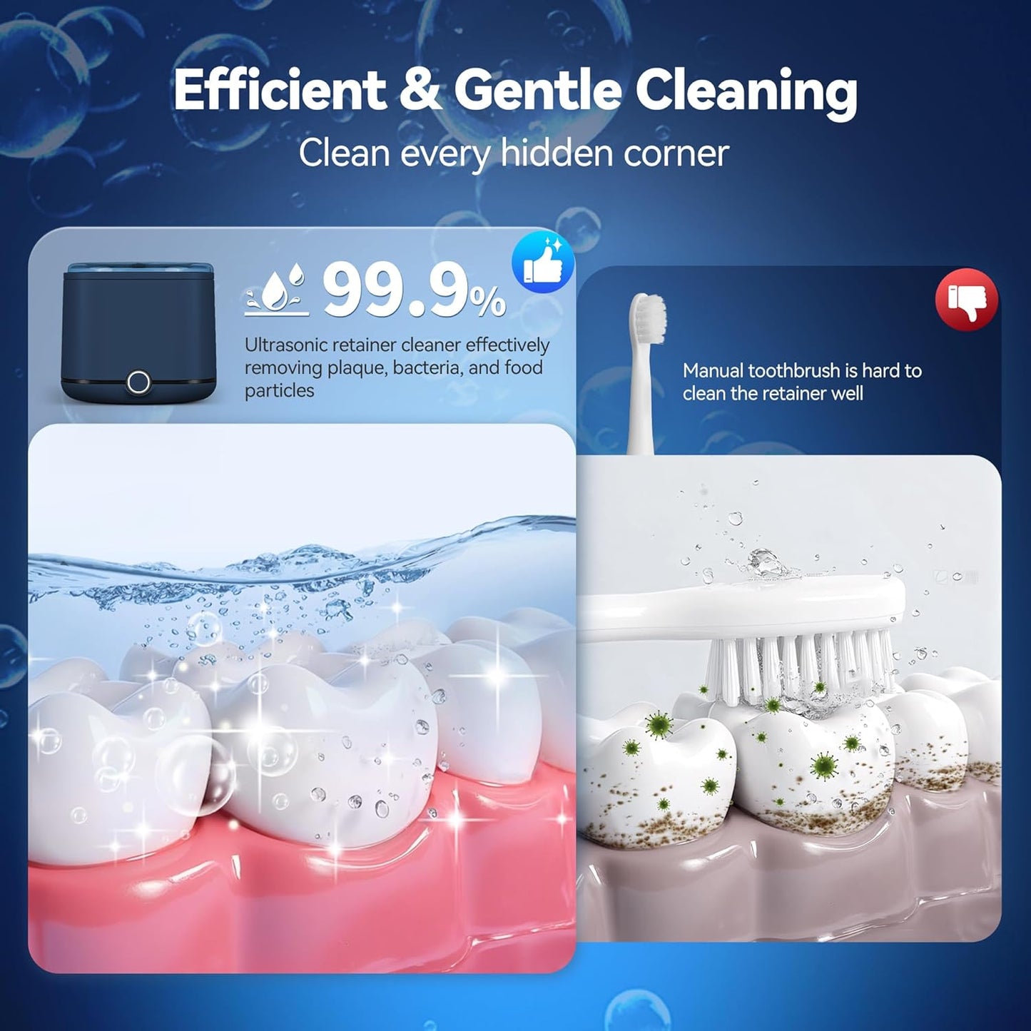 Retainer Cleaner, 48kHz Ultrasonic Retainer Cleaner Machine for Denture, Mouthguard, Braces, Night Guard, Aligner, Toothbrush, Jewelry with 7.8OZ Dental Cleaning Pod-Blue