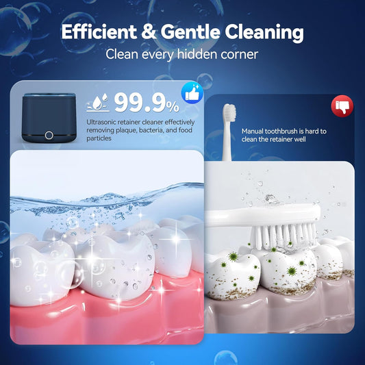 Retainer Cleaner, 48kHz Ultrasonic Retainer Cleaner Machine for Denture, Mouthguard, Braces, Night Guard, Aligner, Toothbrush, Jewelry with 7.8OZ Dental Cleaning Pod-Blue