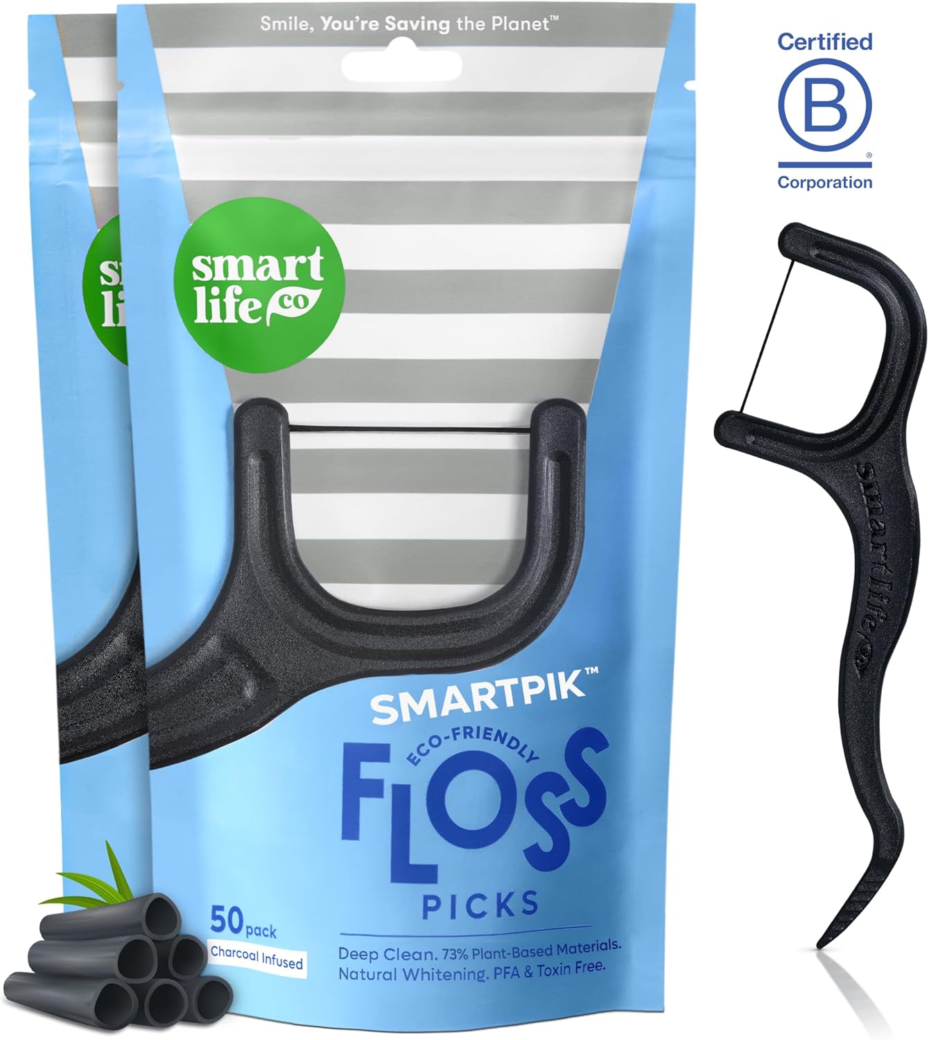 SmartLifeco Eco-Friendly Dental Floss Picks (100ct) - Flossers Made with Straw Wheat Blend, Natural Teeth Whitening, Tooth Pick Stick for Adults, Soft on Gums, Activated Bamboo Charcoal Floss Thread