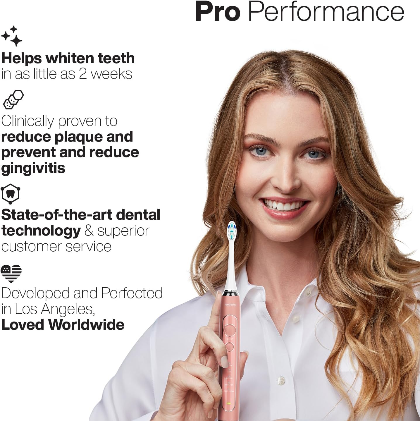 Aquasonic Vibe Series PRO – Ultra-Whitening Electric Toothbrush – 5 Modes & Smart Timers – Premium Travel Case & 6 Proflex Brush Heads – ADA Accepted Toothbrush (Rose Gold)