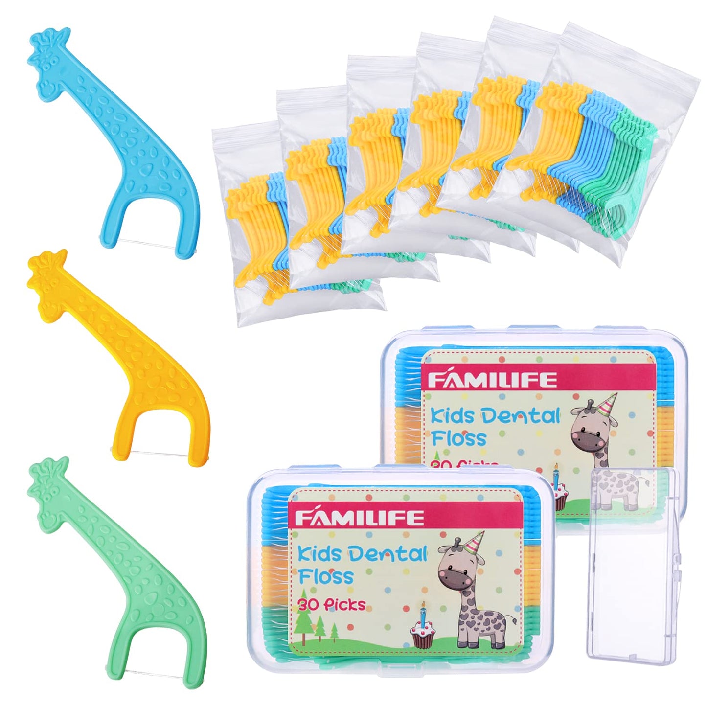 FAMILIFE Kid's Dental Floss Picks, Unflavored Tooth Pick Flossers Children with Portable Travel Cases Refills Pack, 204 Pcs
