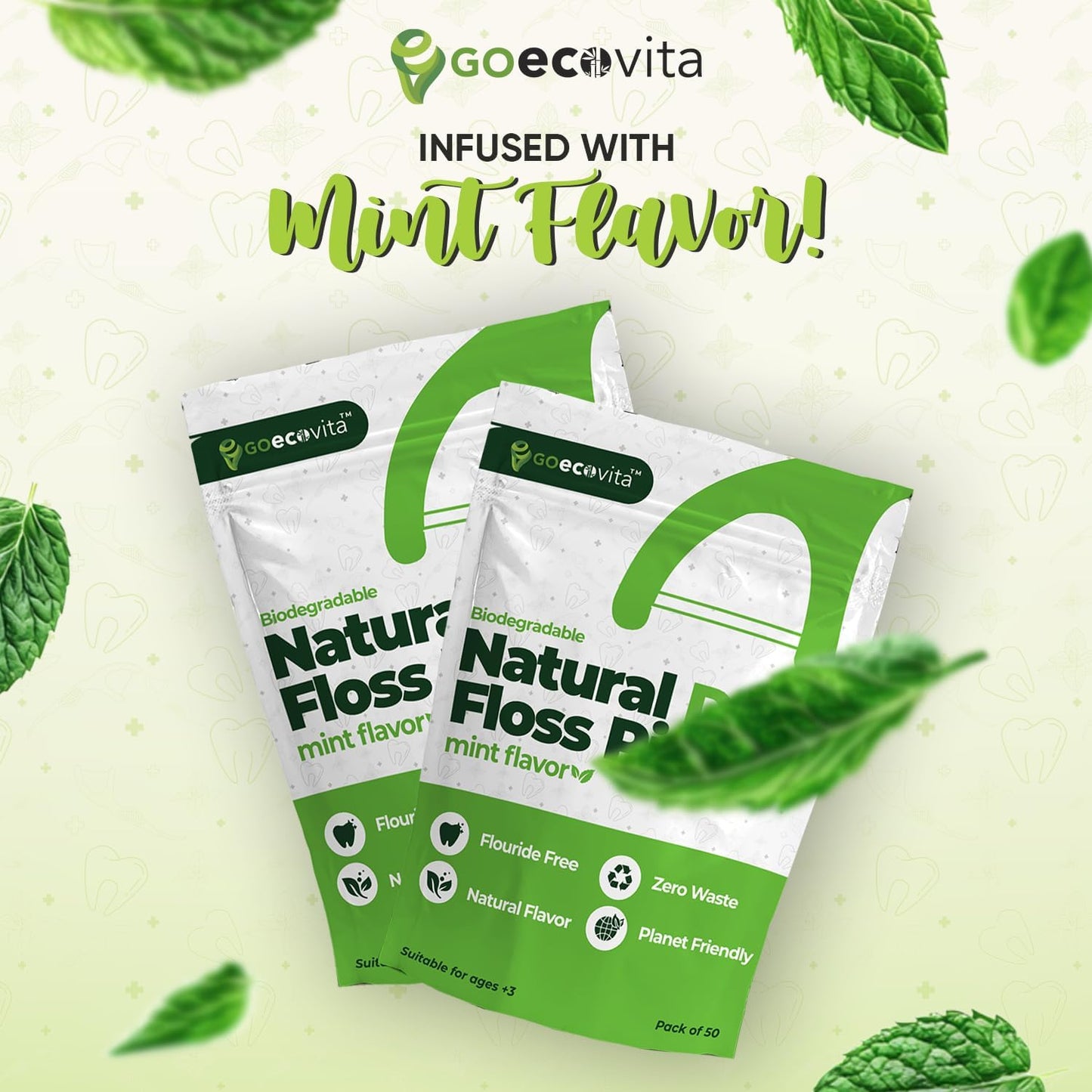 Biodegradable Dual Thread Floss Picks - Natural Straw Wheat Handle | Tight Gap Dental Flossers for Adults | Gentle on Gums & Teeth | Eco Friendly, Vegan, Natural (100 Pack, Mint)