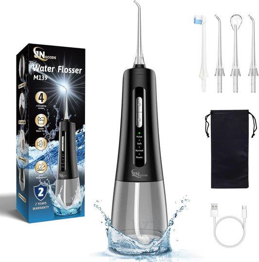 Cordless Water Dental Flosser Oral irrigator,JNGOODS 300ml Rechargeable Water flosser for Teeth IPX7 Waterproof 4 Modes Portable Oral Irrigator with 4 Jet Tips, Travel Home use (Black)