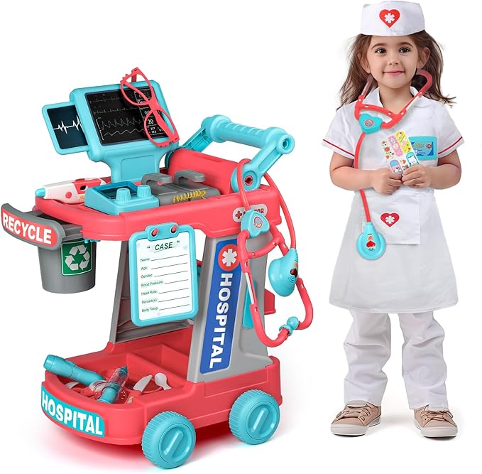 Liberry Doctor Kit for Toddlers Ages 2 3 4 5, Pretend Kids Doctor Playset with Cart, Costume and Stethoscope, Role Play Medical Toys Christmas Birthday Gift for Girls Boys (Red)