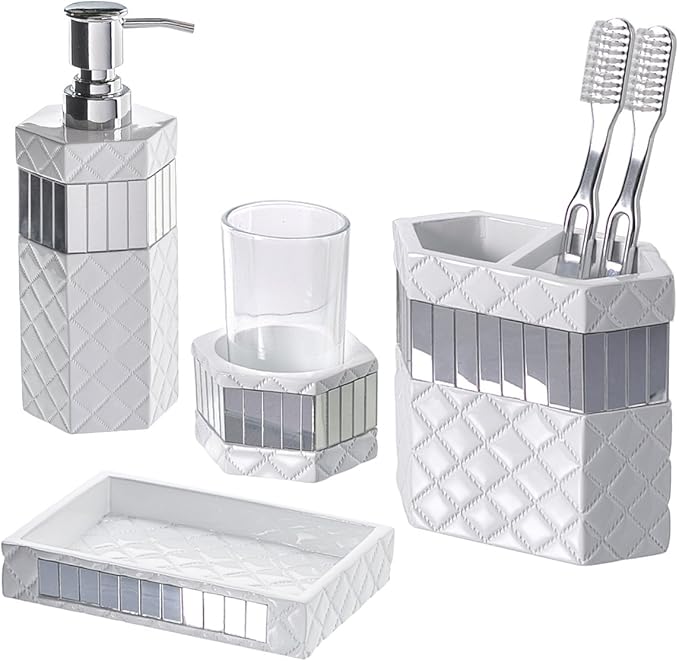 Creative Scents Quilted Mirror White Bathroom Accessories Set - Decorative 4 Piece Bathroom Set - Mirrored Bathroom Accessory Set Includes: Soap Dispenser, Toothbrush Holder, Tumbler & Soap Dish