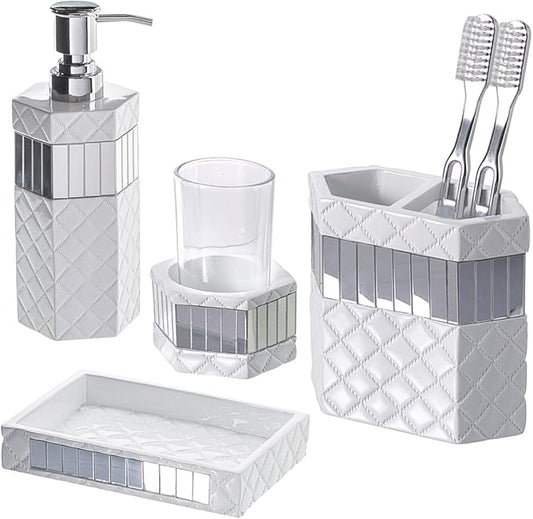 Creative Scents Quilted Mirror White Bathroom Accessories Set - Decorative 4 Piece Bathroom Set - Mirrored Bathroom Accessory Set Includes: Soap Dispenser, Toothbrush Holder, Tumbler & Soap Dish