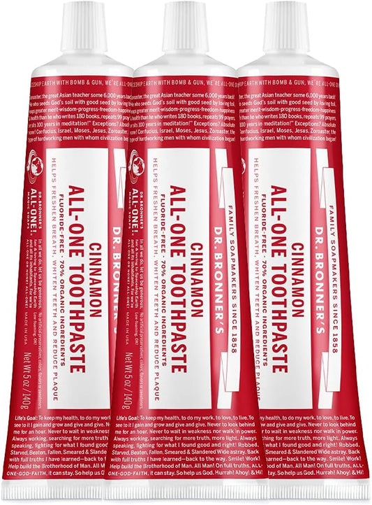 Dr. Bronner’s All-One Toothpaste– Cinnamon, 5 oz, 3-Pack– Fluoride-Free Toothpaste for Adults, SLS-Free, 70% Organic & Natural Ingredients, Vegan, Helps Freshen Breath, Reduce Plaque, Whiten Teeth