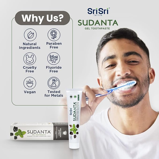 Sri Sri Tattva Sudanta Charcoal Toothpaste Gel – SLS, Fluoride Free Herbal Toothpaste with Neem & Ayurvedic Herbs – Natural Teeth Whitening, Fresh Breath, Oral & Gum Health – 100g Tube (Pack of 4)