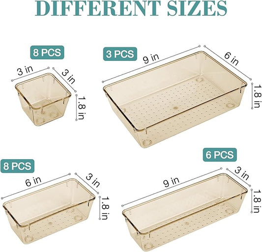 25 PCS Drawer Organizer Set, 5 Varied Size Bathroom and kitchen Drawer cabinet organizer Trays, Clear Storage Bins for Makeup, Jewelry, Utensils and Gadgets, Champagne