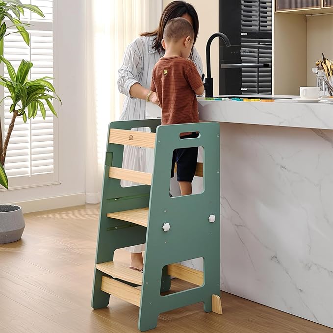 WOOD CITY Kitchen Step Stool - Safe Montessori Standing Tower for Kids with Safety Rail, Height Adjustable Toddler Ideal Helper for Learning New Skills, Anti-Slip Protection for Bathroom - Green…