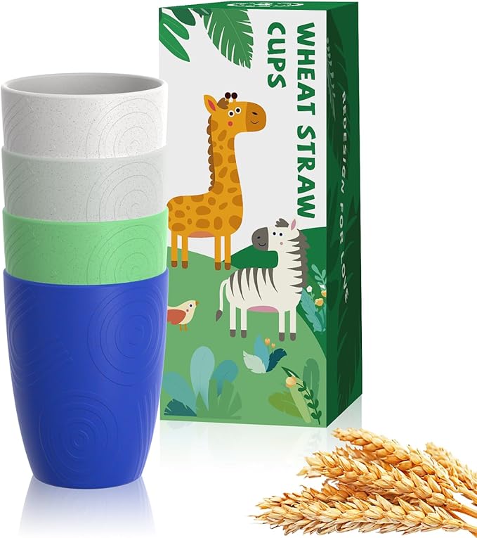 Homienly Drinking Glasses Set of 4, Wheat Straw Cups with Unique Texture, Reusbale Kids Cup, Stackable Cups for Kitchen, Home, Party, Camping, Dishwasher Safe Cup Tumbler 12 OZ - Island Color