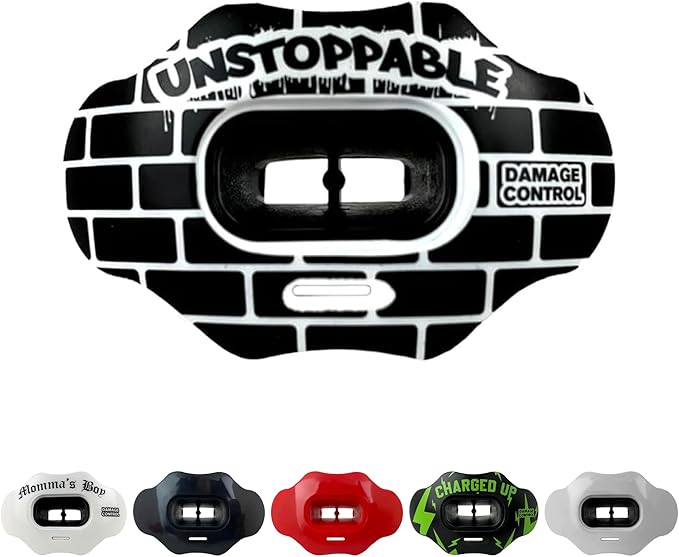 DAMAGE CONTROL Youth Football Mouth Guard – Breathable No Boil Mouthpiece, Protects Lips & Teeth, Works with Braces, Includes Helmet Strap – Sports Gear & Accessories (Unstoppable)