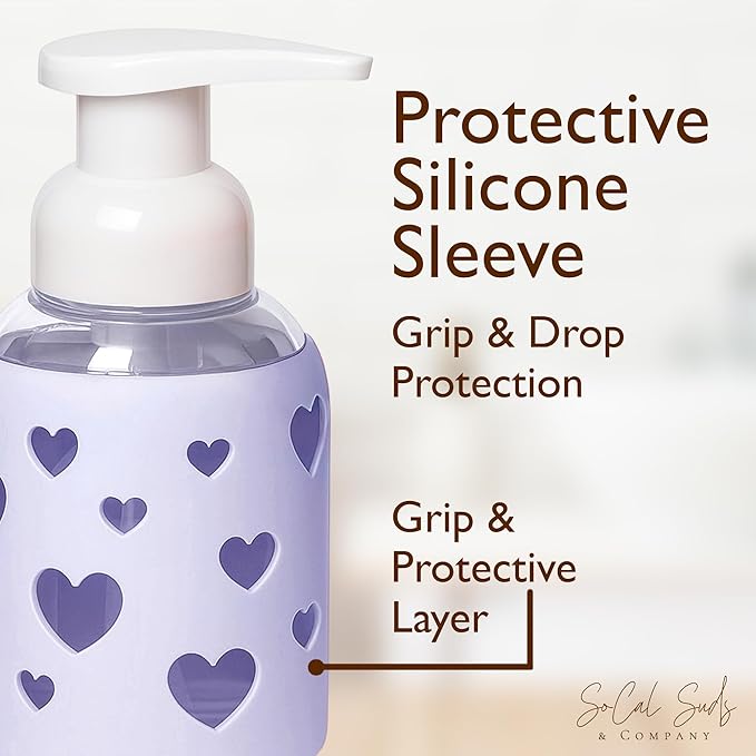 SoCal Suds & Company Glass Foaming Hand Soap Dispenser, Heart Silicone Sleeve, Refillable Pump Bottle for Kids, Baby Wash & Shampoo, Ideal for Home Use, Soft Purple 8oz
