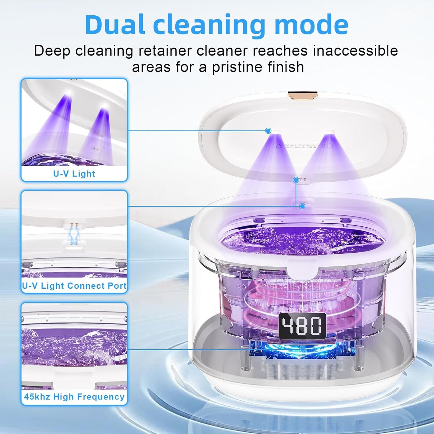 Ultrasonic Retainer Cleaner, Sonic Dental Cleaning Pod, Portable 30W/45kHz Machine for Dentures, Aligners, Braces, Mouth Guards, Jewelry (White)