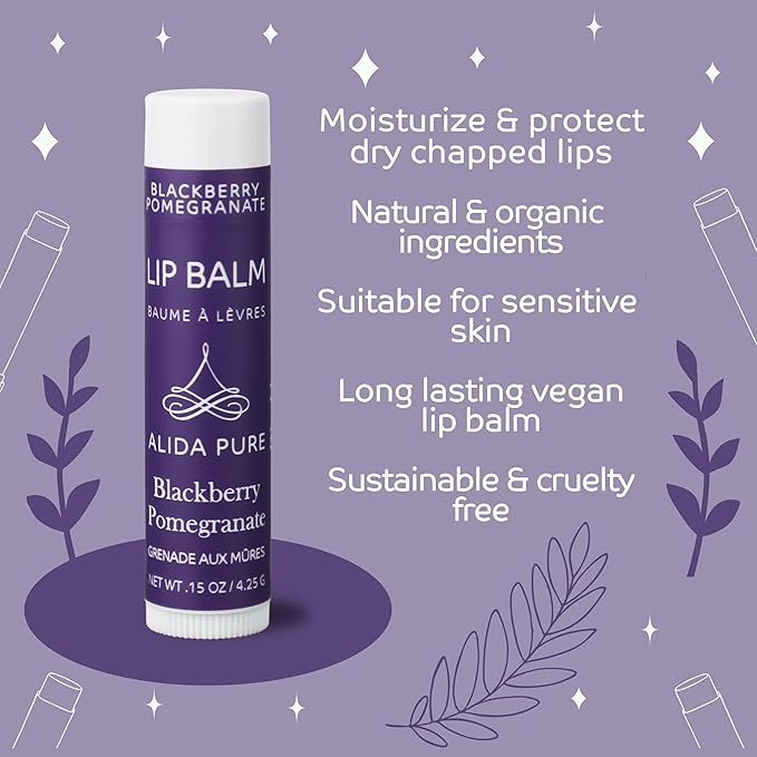 Blackberry Pomegranate Lip Balm Collection, Vegan Set, Beeswax Free, with Organic Jojoba and Avocado Oil, Vitamin E, Natural Moisturizer for Dry, Chapped Lips, 3 Tube Set