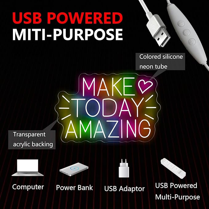 Make Today Amazing Neon Sign Heart Positive Led Neon Light for Wall Decor Inspirational Rainbow Color Light Sign Boho Wall Art LED Neon Light Up Sign for Party Wedding Birthday School Gym