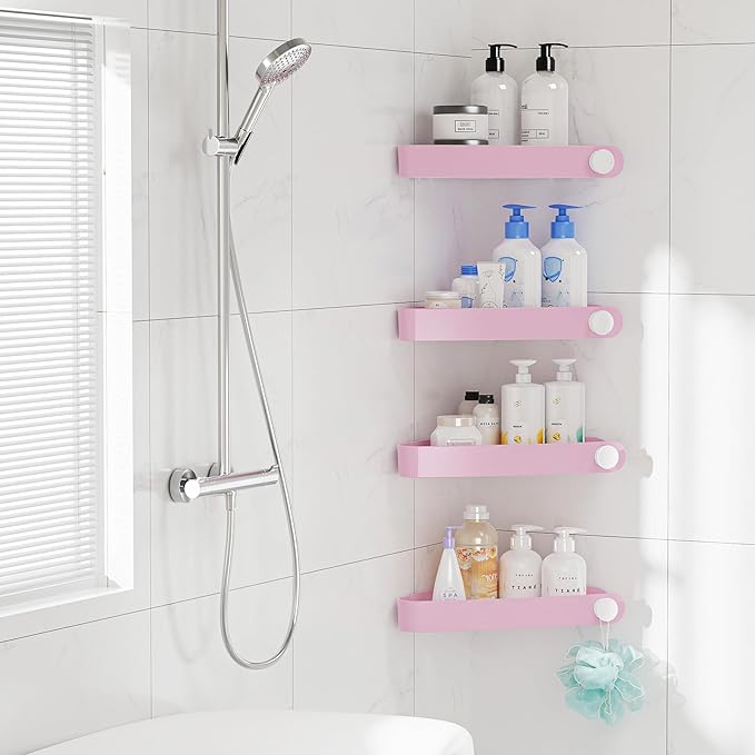 Sotfamily Shower Caddy Corner, 4 Pack Adhesive Corner Shower Shelves for Bathroom Organizers and Storage, Rust Free Plastic Rack for Bathroom Accessories & Decor, Pink