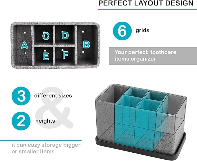 ZCCZ Toothbrush Holder, 6-Slot Bathroom Organizer for Countertop Storage, Holds Toothpaste, Dental Floss, Razor, Comb, Makeup Brushes, and More, Compact Tooth Brushing Stand for Efficient Organization