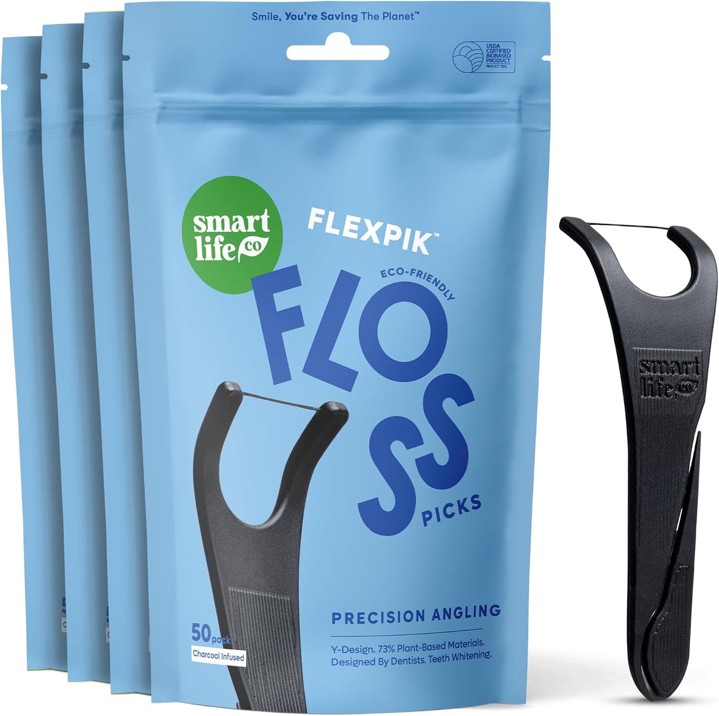 SmartLifeco Eco-Friendly Angled Dental Floss Picks (200ct) - Flossers Made With Straw Wheat Blend, Natural Whitening, Tooth Pick Stick For Adults, Vegan, Bamboo Charcoal Thread For Back Teeth & Molars