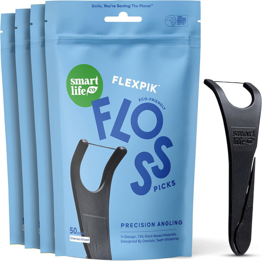 SmartLifeco Eco-Friendly Angled Dental Floss Picks (200ct) - Flossers Made With Straw Wheat Blend, Natural Whitening, Tooth Pick Stick For Adults, Vegan, Bamboo Charcoal Thread For Back Teeth & Molars
