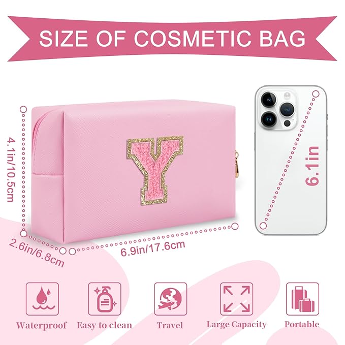 Personalized Initial A-Z Preppy Patch Makeup Bag,Small PU Leather Chenille Letter Cosmetic Bag with Zipper for Teen Girls,Pink Cute Travel Toiletry Bag,Birthday Monogrammed Gift for Daughter,Letter Y