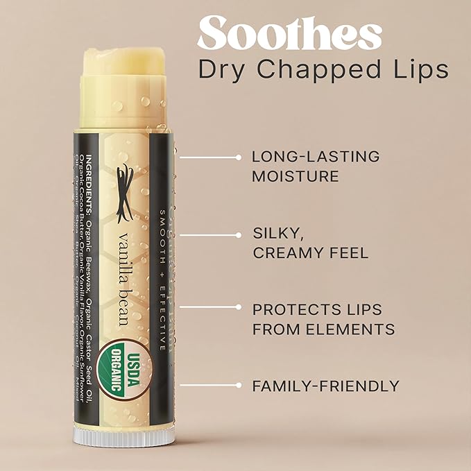USDA Organic Lip Balm - USA Made with Natural Ingredients, Stocking Stuffers for Adults & Teens, Beeswax Vanilla Chapstick for Dry Lips, Beauty Gifts for Women, Birthday Gifts for Her & Him