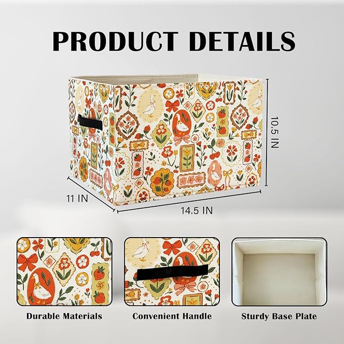 Funny Silly Goose Florals Cute Storage Basket Organizer Bins With Handles,Rectangle Cherries Foldable Nursery Decorative Baskets for Home shelves Bedroom Bathroom Clothes Toys Books Toybox