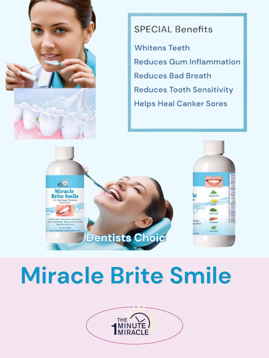Miracle Brite Smile With Food Grade Hydrogen Peroxide and Essential Oils - Teeth whitening, breath freshening, removing bad breaths & tooth sensitivity.