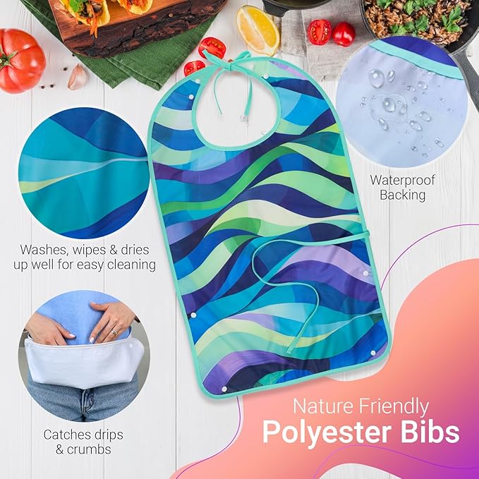 3 Pack Crumb Catcher Adult Bibs for Women, Comfortable Terry Cloth & Polyester bibs for Seniors, Waterproof Adult bibs for Men, Clothing Protectors for Seniors