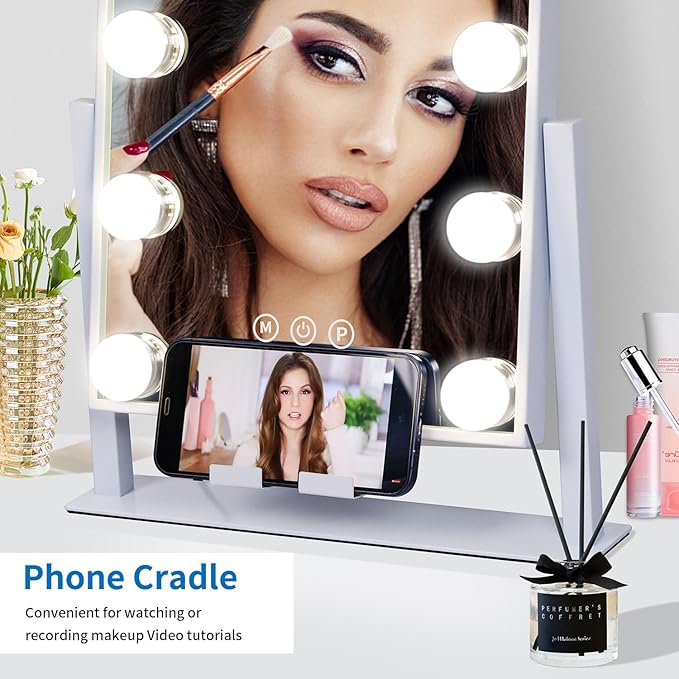 Kottova Lighted Makeup Mirror, Hollywood Vanity Mirror with Lights, Three Color Modes, with Detachable 10x Zoom Mirror, Smart Touch Control, Metal Frame, 360° Rotation（14.1in,White）