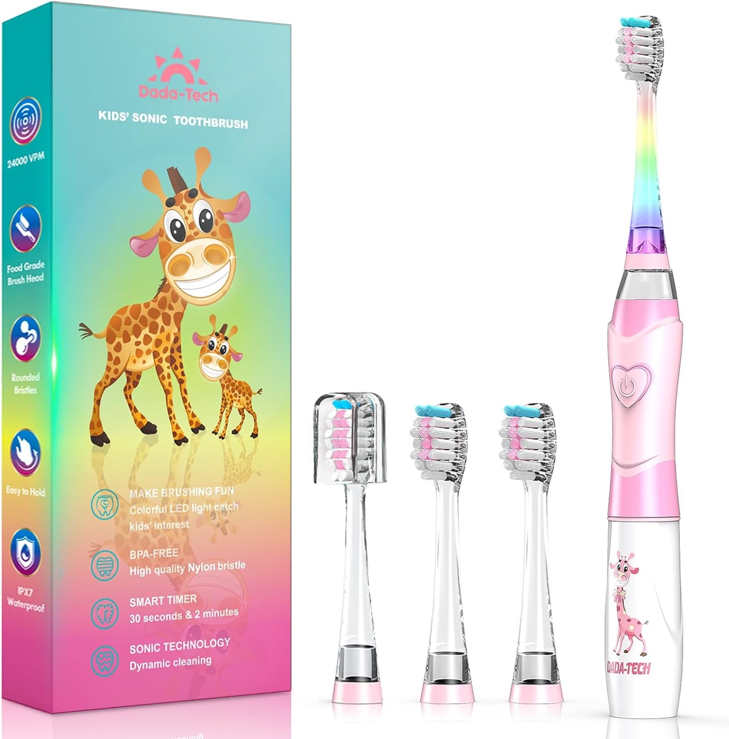 Kids Electric Toothbrush Toddler Toothbrush Age 2-4-8-12 Girls Electric Toothbrush with Timer Rainbow LED Light Up Vibrating Toothbrush Battery Operated Childrens Sonic Tooth Brush (Pink Giraffe)
