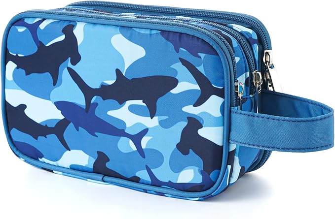 Kids Toiletry Bag for Boys, Travel Toiletry Bag for Little Young Boys Waterproof Hanging Wash Bag Toddler Traveling Toiletries, Shark Blue