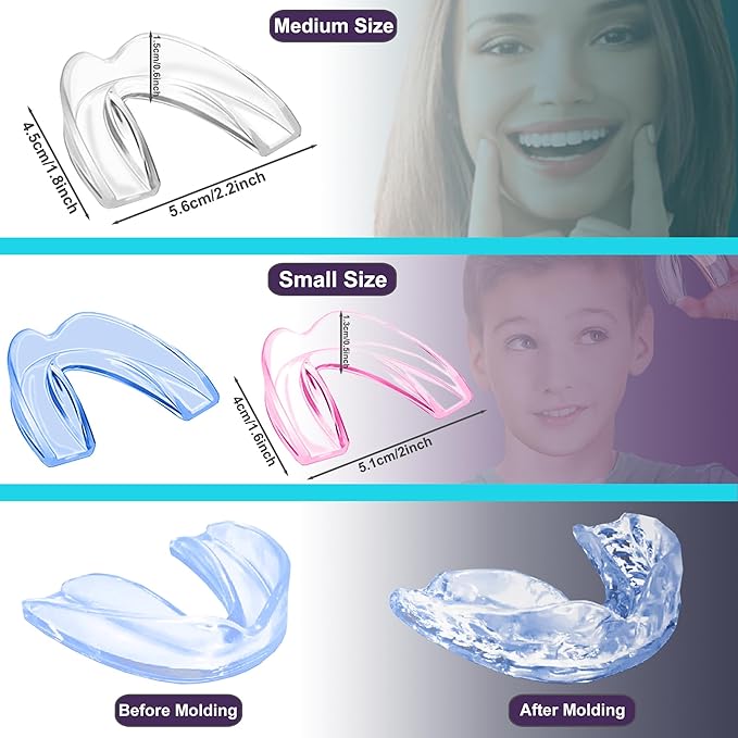 Kids Mouth Guard Moldable (Pink 4 Count) & Disposable Mouth Guard (8 Pcs) for Grinding & Clenching Teeth | Comfortable Nighttime Protection Guard | Including Hygiene Case & Eye Mask with Gel Ice Pack