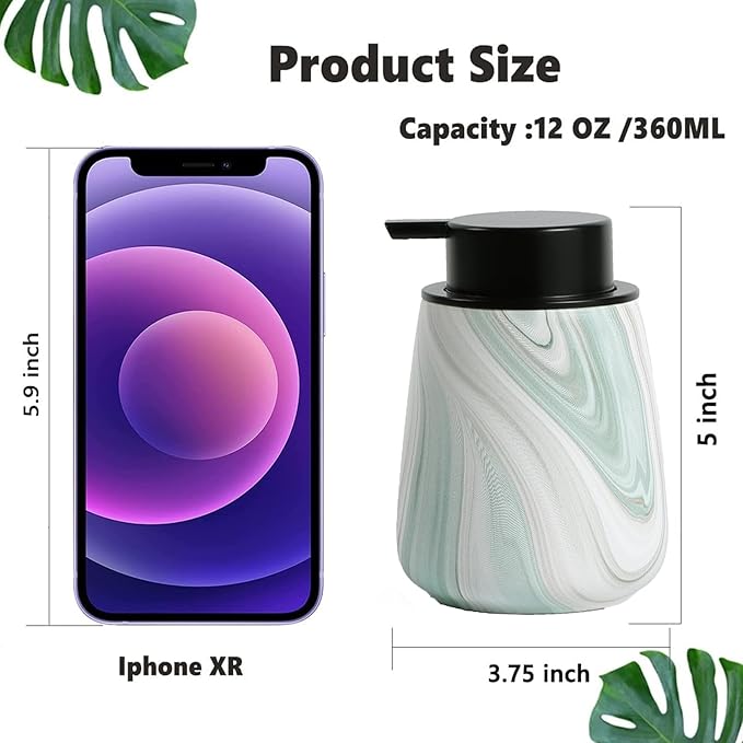 12Oz Foam Hand Soap Dispenser - Modern Ceramic Foaming Soap Dispenser with Easy-to-Press Pump, Reusable and Refillable Liquid Dish Soap Dispensers for Bathroom & Kitchen, Marble Green