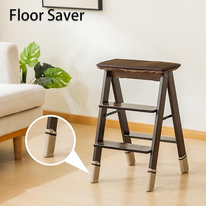 Latifolia Foldable 3 Step Ladder, Bamboo Step Stool with Floor Saver, Decorative Ladder Shelf for Living Room, Kitchen, Garden(Dark Walnut)