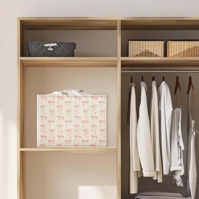 Coquette Pink Bow Storage Basket Bins With Handles for Girls Kids, Pink Bow Decor Foldable Organizer Basket Toybox for Girls Room Nursery Bedroom Bathroom Clothes Toys Books