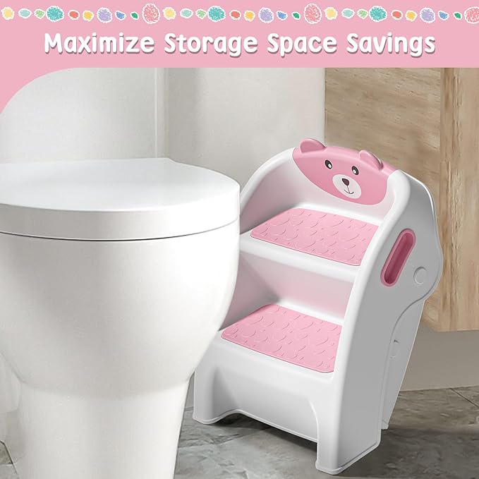 TPN Toddler Step Stool for Bathroom Sink and Potty Training Durable Anti-Slip,Anti-Tip A-Frame,10-Second Assembly, 2-Step Potty Stool with Wide Steps (Pink)