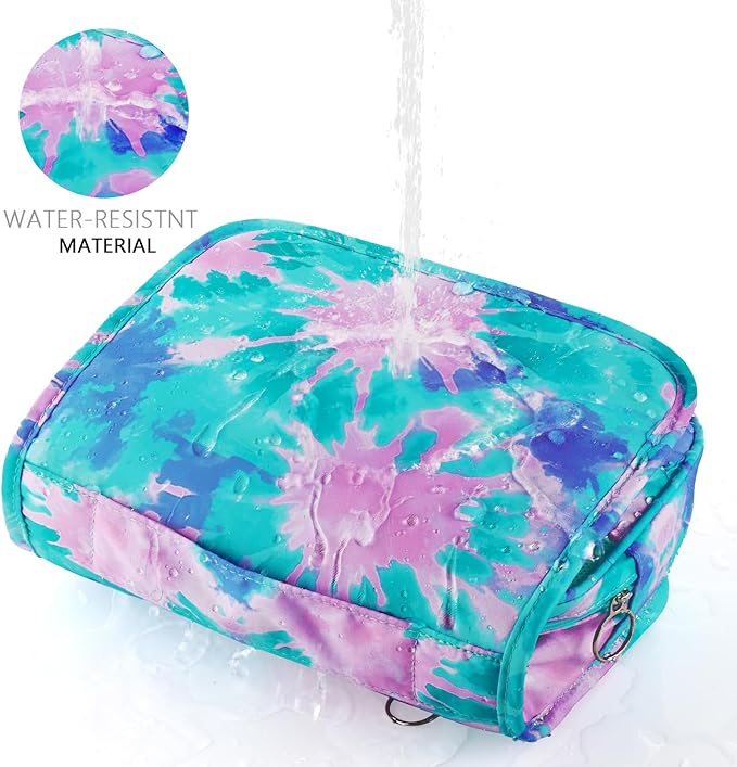 Tie Dye Hanging Toiletry Bag for Girls, Travel Toiletry Bag for Teen Girls Cosmetic Makeup Waterproof Wash Bag Traveling Toiletries, Green Teal