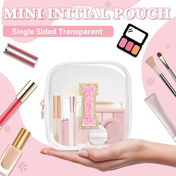 Mini Clear Personalized Initial Makeup Bag,Nylon Preppy A-Z Chenille Letter Patch Zipper Cosmetic Bag, Small Cute Beach Pouch Travel Purse Sanitary Napkin Storage Bag for Women Girls(White-Pink I)