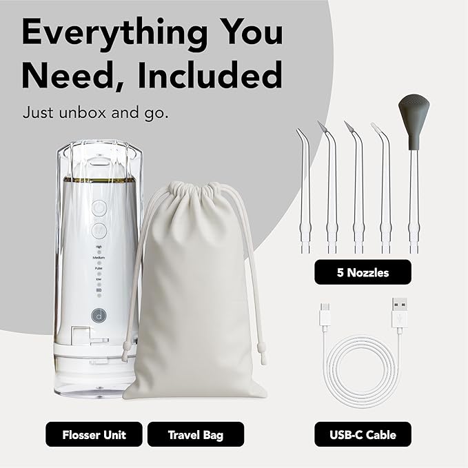 Portable Water Flosser for Teeth Cleaning – Travel Size, Compact & Cordless Water Flosser with UV Sterilizer, 5 Nozzles, 4 Pressure Modes, USB-C Rechargeable Dental Tool for Home or On-The-Go Use