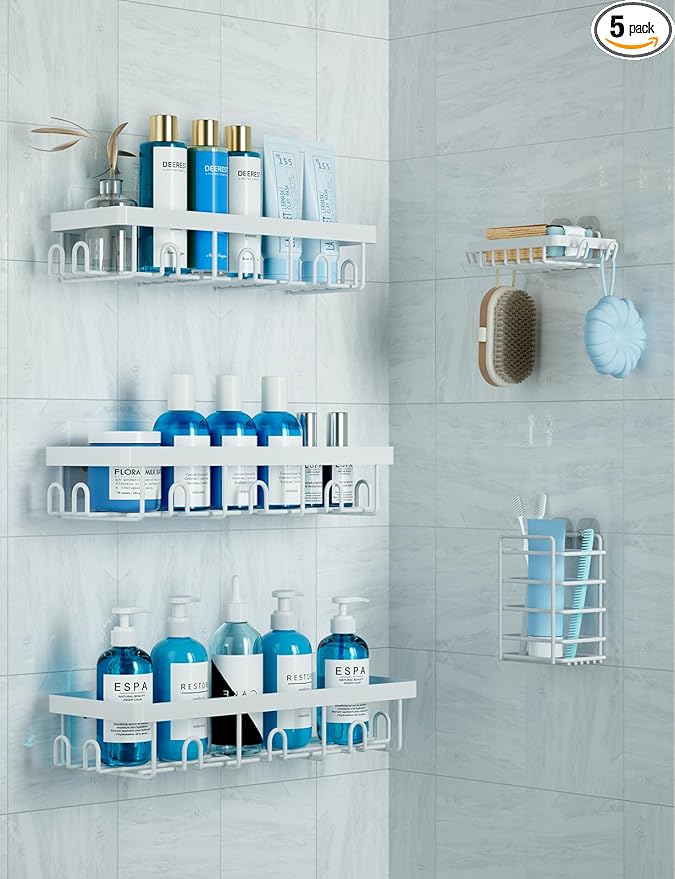 GVY Shower Caddy 5 Pack, Adhesive Shower Organizer Bathroom Shelves,Rustproof Bathroom Organizers and Storage for Home Decor, No Drilling Shower Shelves for Apartment Essentials