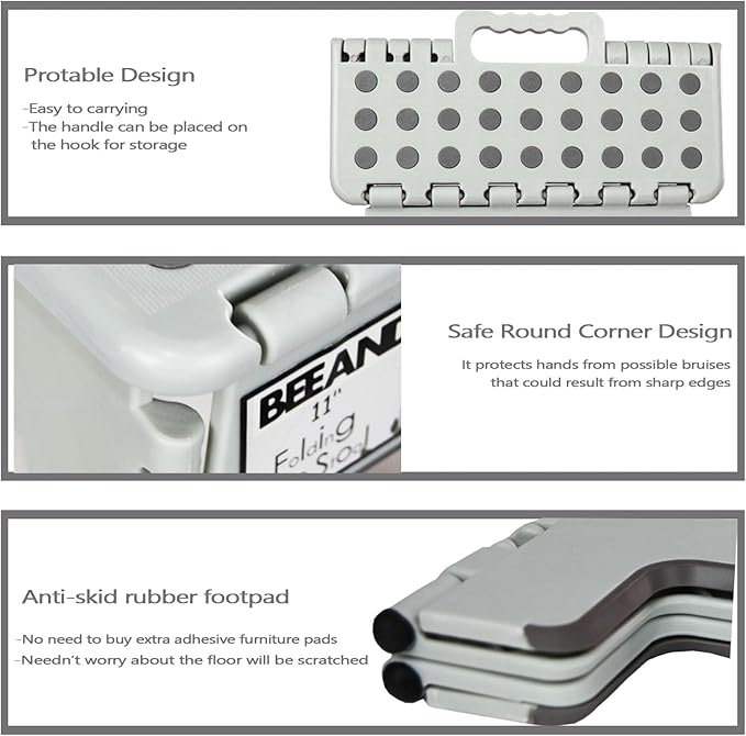 11" Folding Step Stool for Adults Kids Holds Up to 300 lbs,Non-Slip Folding Stools with Portable Handle, Compact Plastic Foldable Step Stool for Bathroom,Kitchen (Gray)…