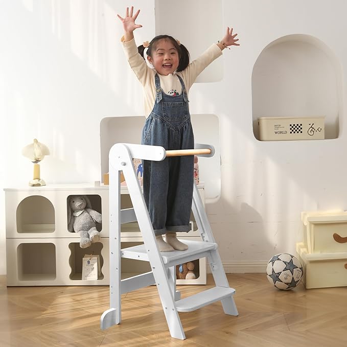Foldable Toddler Tower 95% Preassembled Kitchen Stool Helper Folding Step Stool for Kids Montessori Toddler Standing Tower with 3 Adjustable Height Helper Tower for Kitchen Counter Sink White