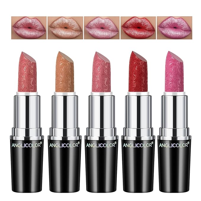 Anglicolor 5pcs Glitter Lipstick High Impact Lipcolor,Lipstick Moisturizing Creamy Formula,Metallic Lipstick For Women For Vegan & Cruelty-Free,Full-Coverage Lip Color (#B, 20g)